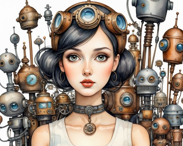 Young Woman in Steampunk Setting with Whimsical Robots