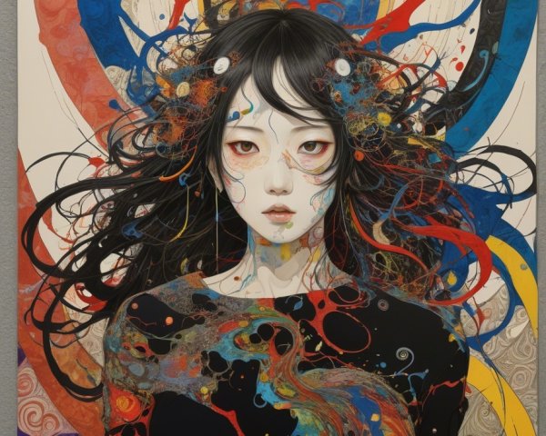 Portrait of a Young Woman with Colorful Hair and Patterns