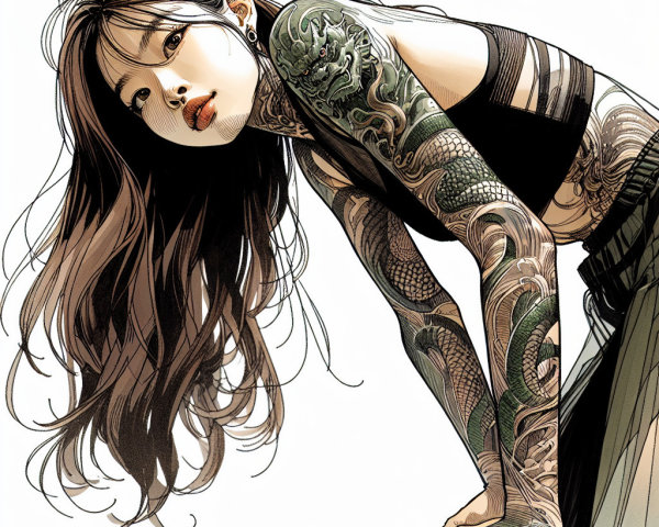 Young woman with tattoos in stylish black top