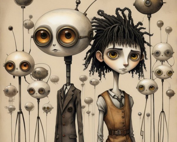 Characters with Oversized Eyes and Robots in Surreal Scene