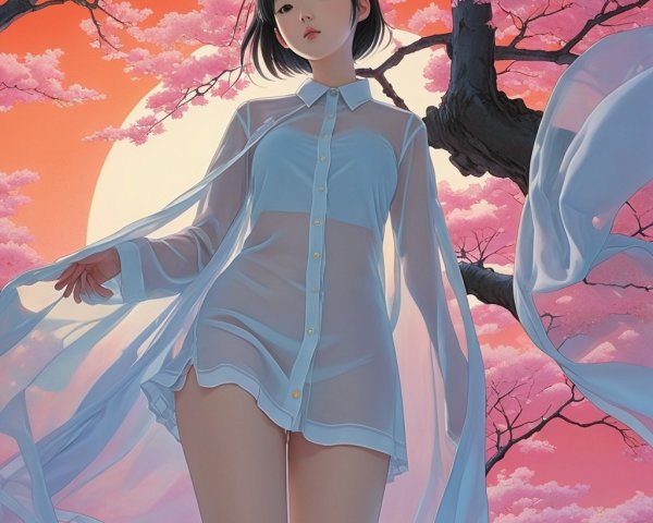 Young Woman Under Cherry Blossom Tree at Sunset
