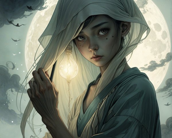 Ethereal Figure with Veil and Luminous Moon Background
