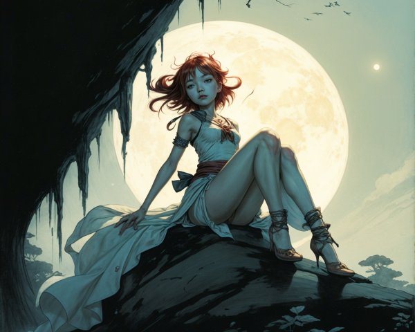 Young Woman in White Dress Under Full Moonlight