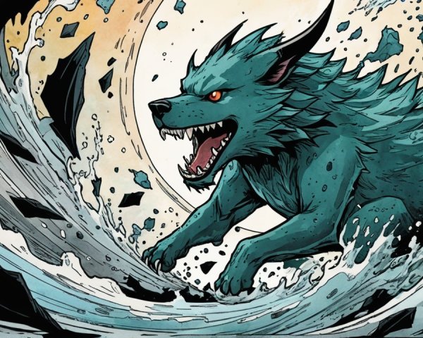 Teal Wolf Creature in Dramatic Water and Sky Scene