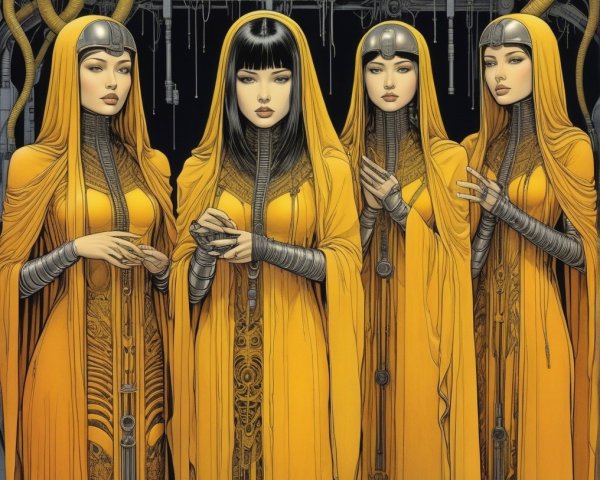 Four Women in Yellow Robes with Silver Accessories