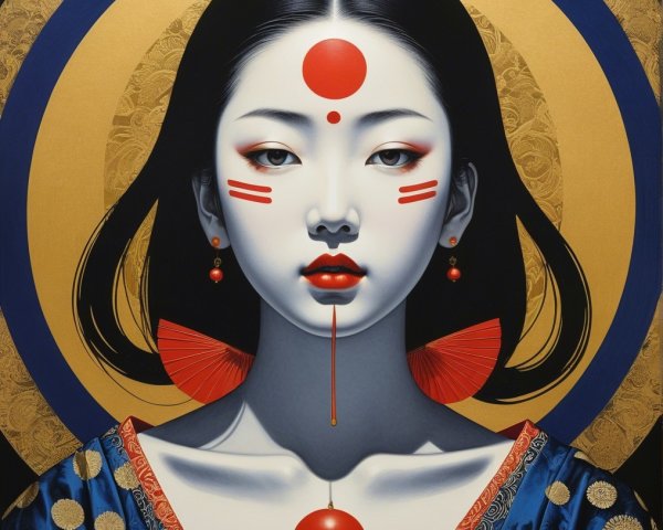 Portrait of Woman with Bold Facial Markings and Attire