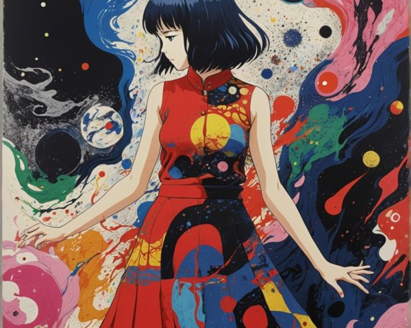 Stylized Female Figure in Vibrant Red Dress Artwork