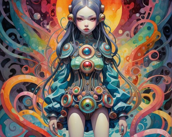Futuristic figure with vibrant patterns and bold colors