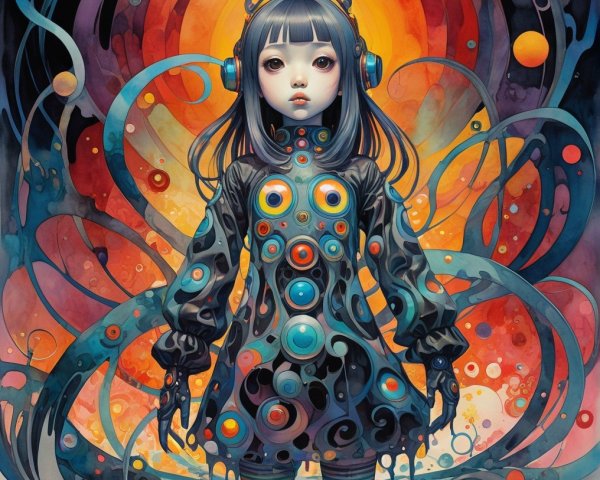 Surreal Illustration of a Colorful Girl with Headphones