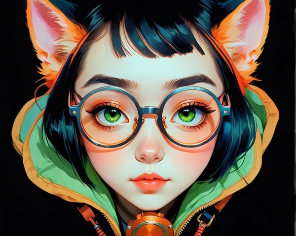 Digital portrait of a girl with green eyes and cat ears