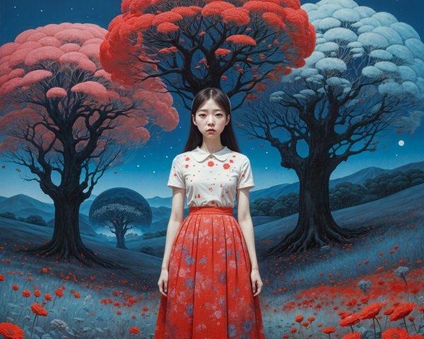 Young woman in surreal landscape with colorful trees