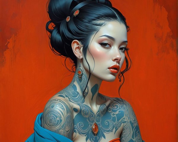 Portrait of a Woman with Tattoos and Elegant Accessories