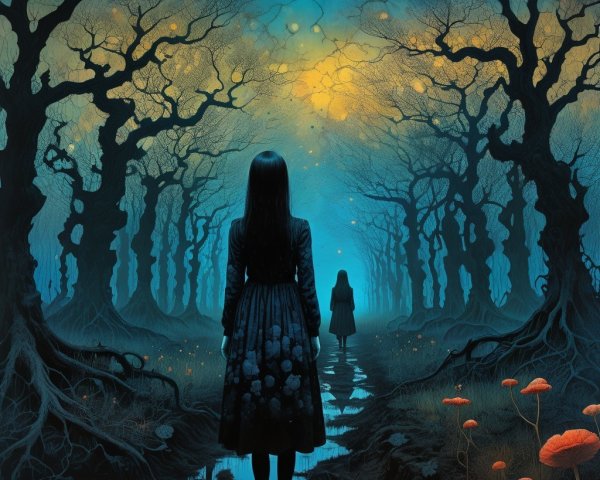 Misty Forest with Dark Figures and Luminous Foliage