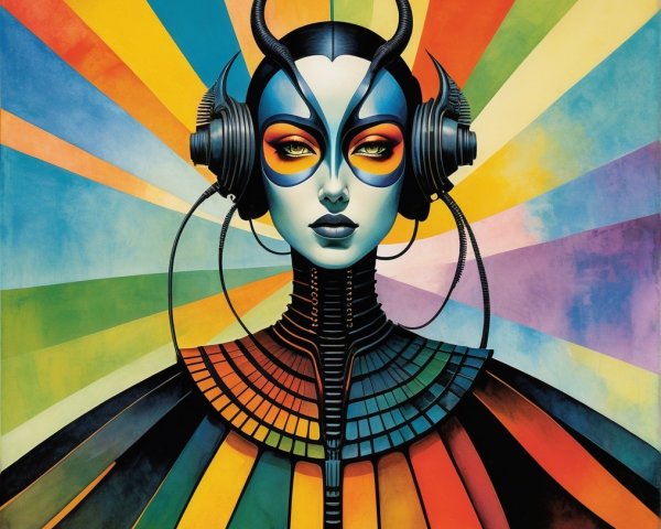 Futuristic Figure with Colorful Makeup and Headphones
