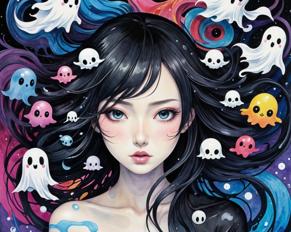 Portrait of a girl with flowing black hair and ghosts