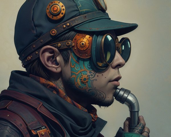 Steampunk Character with Tattoos and Gears Details