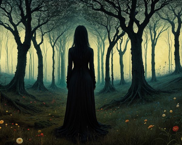 Mystical Twilight Forest Scene with Dark Gown Figure
