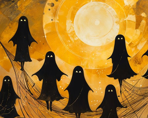 Whimsical Black Figures on Golden Background with Moon