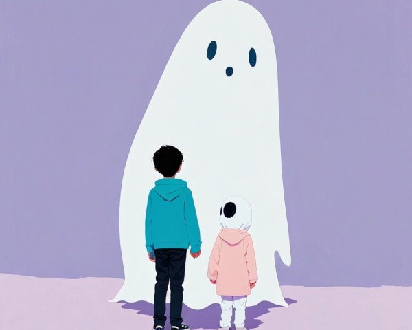 Whimsical Scene of Children with Friendly Cartoon Ghost