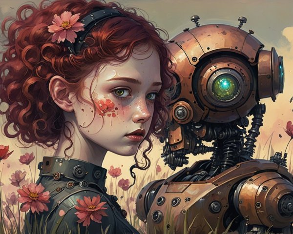 Young girl with robot in blooming flower setting