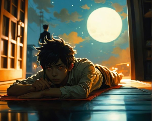 Young Person Contemplating by an Open Door at Night