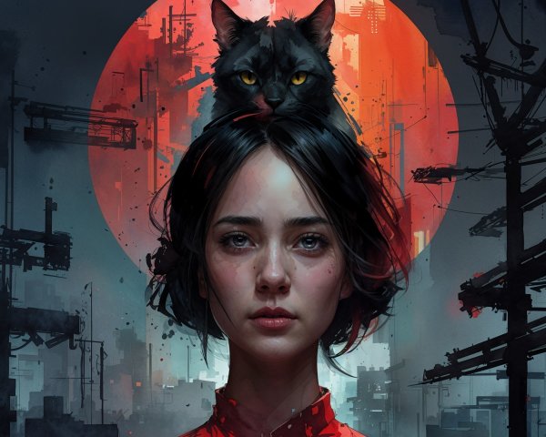 Woman in Red Garment Against Fiery Red Moon