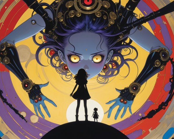 Mechanical Giant Overlooks Silhouetted Girl in Colorful Scene