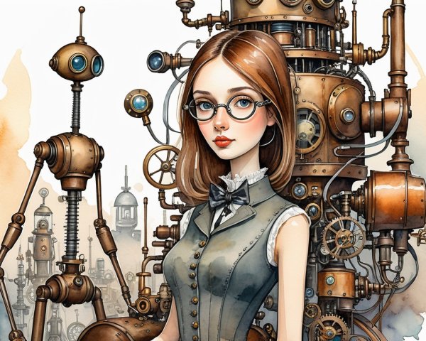 Young Woman in Steampunk Setting with Mechanical Robots