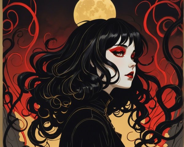 Ethereal Woman in Gothic Red and Black Setting