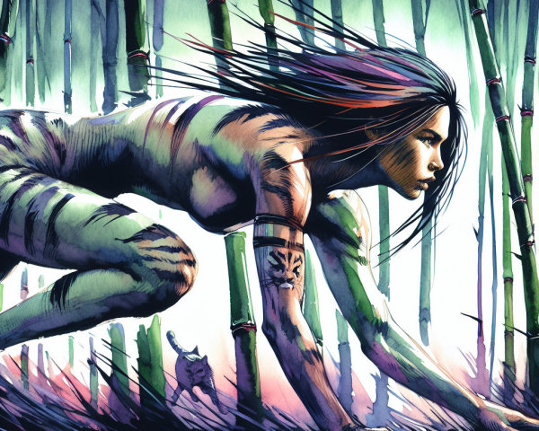 Illustration of a Feline-Human Figure in Bamboo Forest