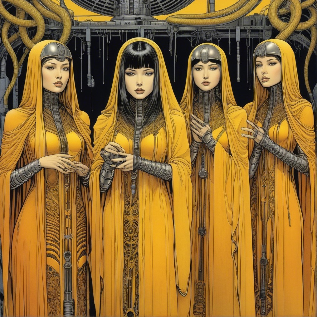 Four Women in Yellow Robes with Silver Accessories