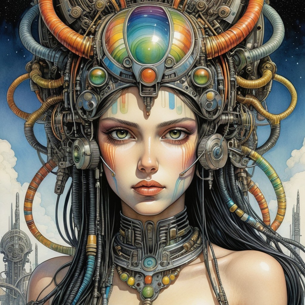 Female figure with mechanical elements in sci-fi setting