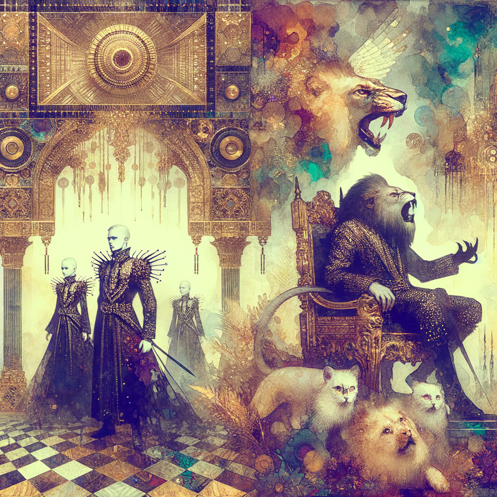 Surreal Artwork with Ethereal Figures and Regal Lion