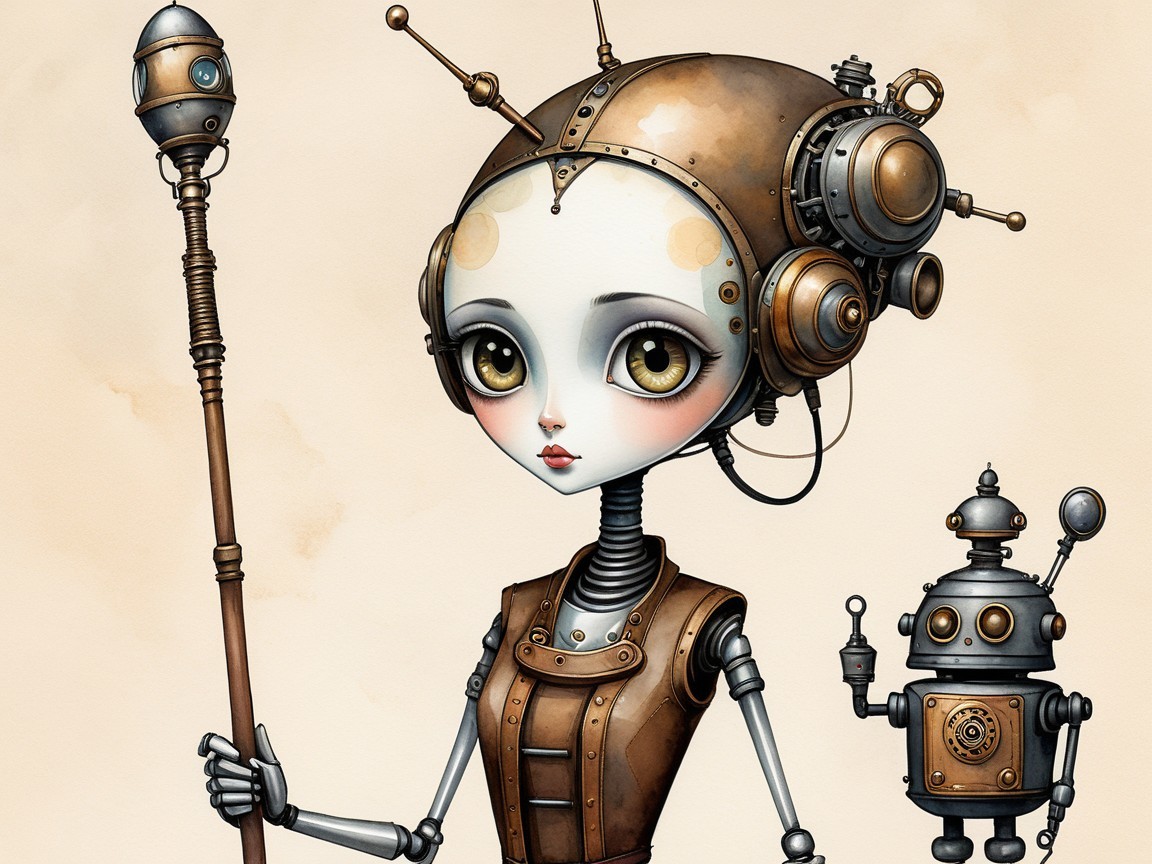 Whimsical Steampunk Character with Robot Companion