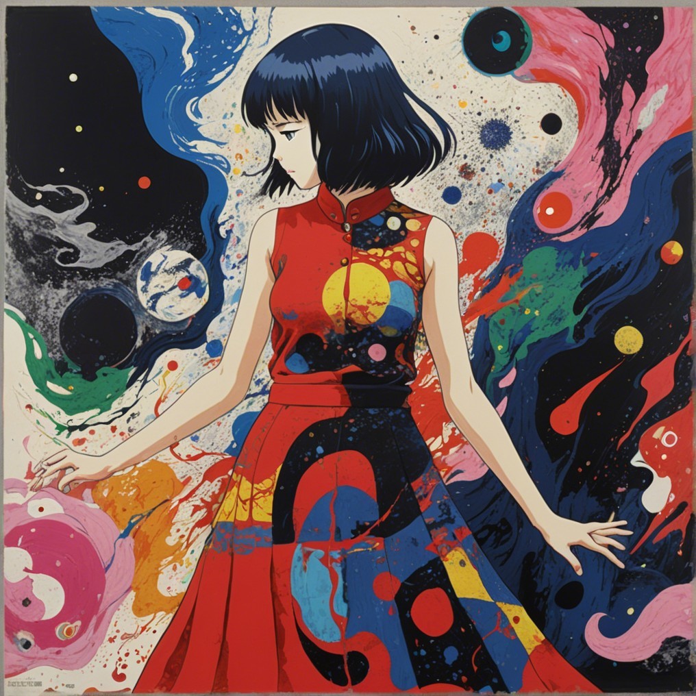 Stylized Female Figure in Vibrant Red Dress Artwork