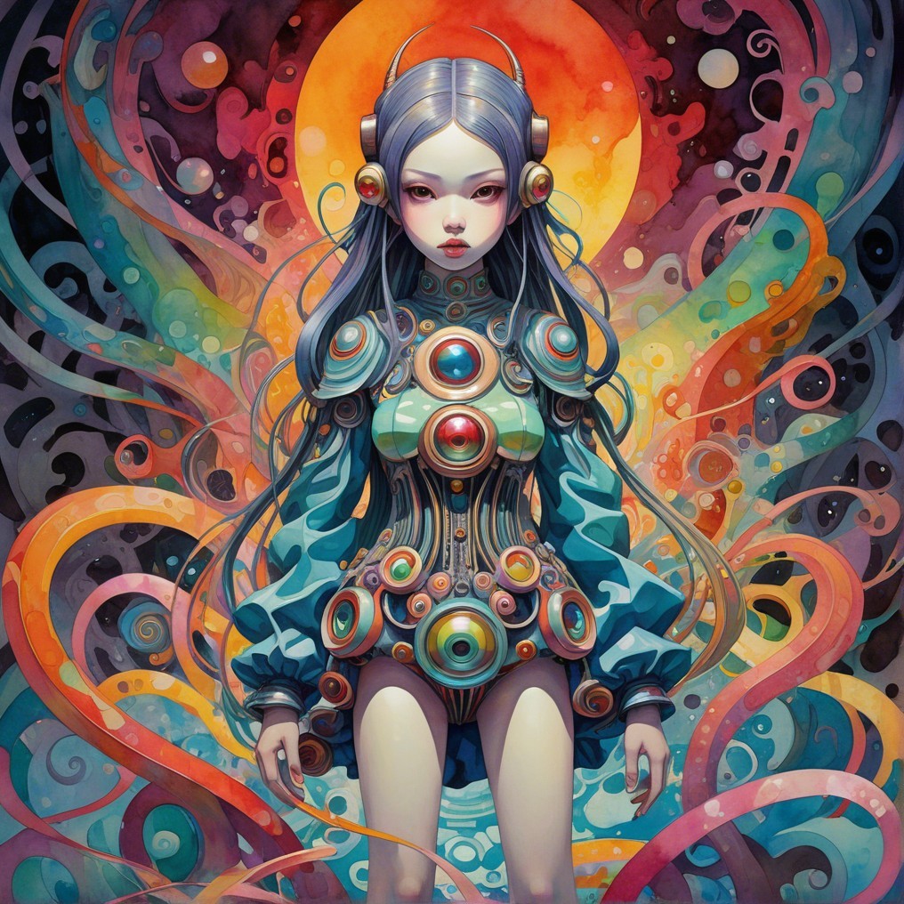 Futuristic figure with vibrant patterns and bold colors