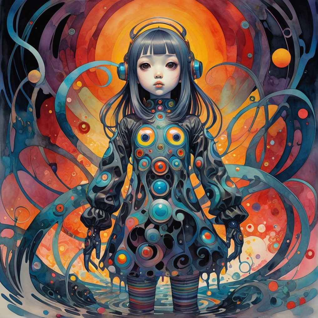 Surreal Illustration of a Colorful Girl with Headphones