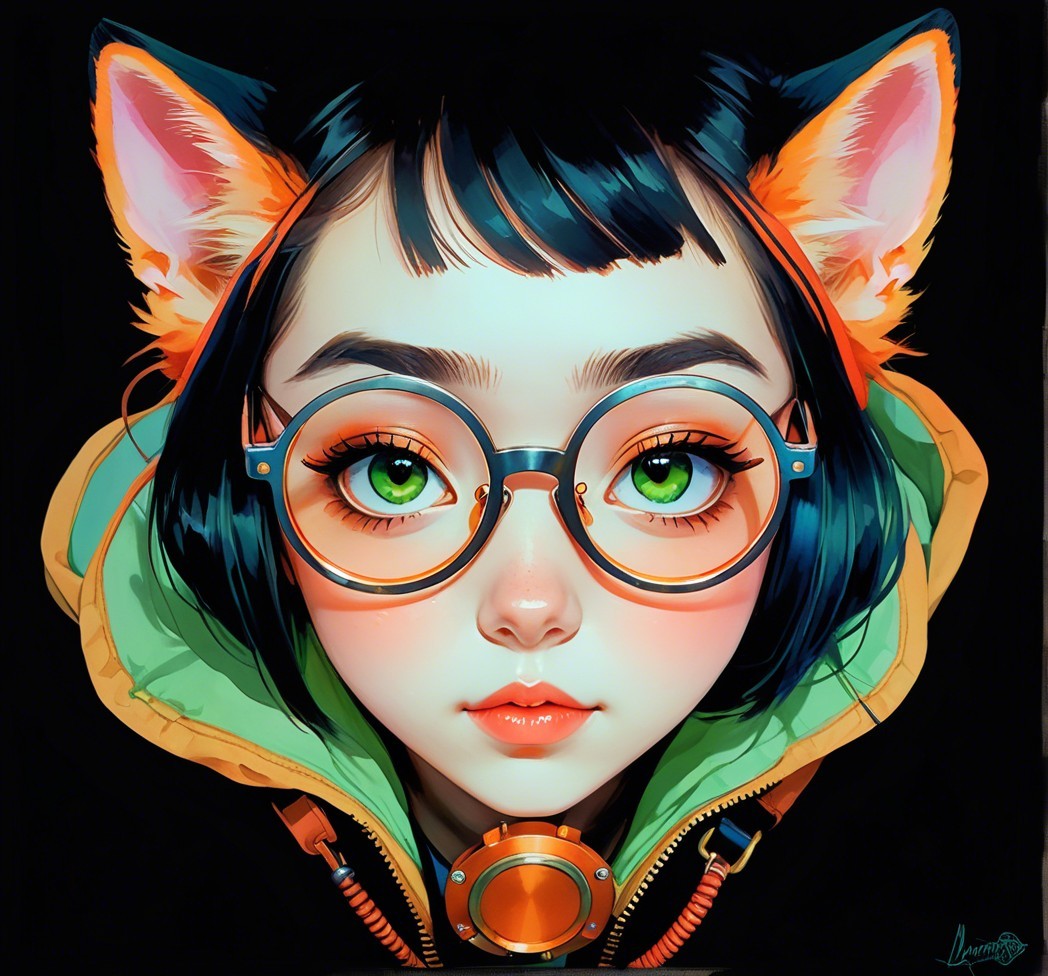 Digital portrait of a girl with green eyes and cat ears