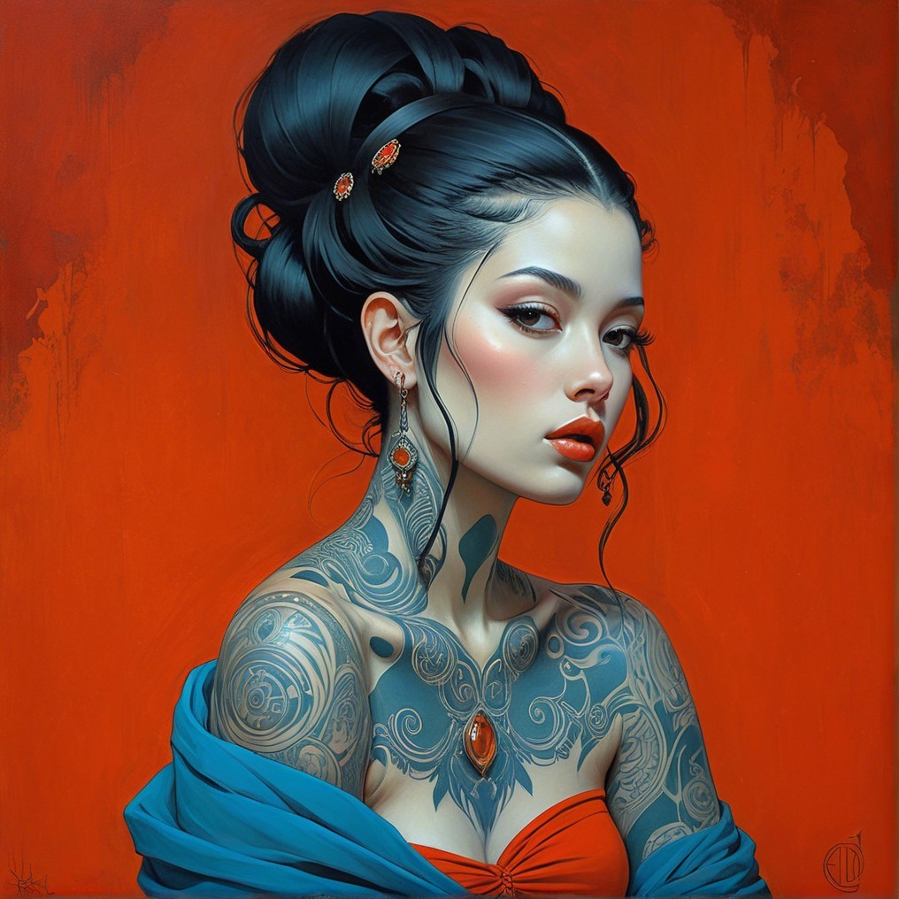 Portrait of a Woman with Tattoos and Elegant Accessories