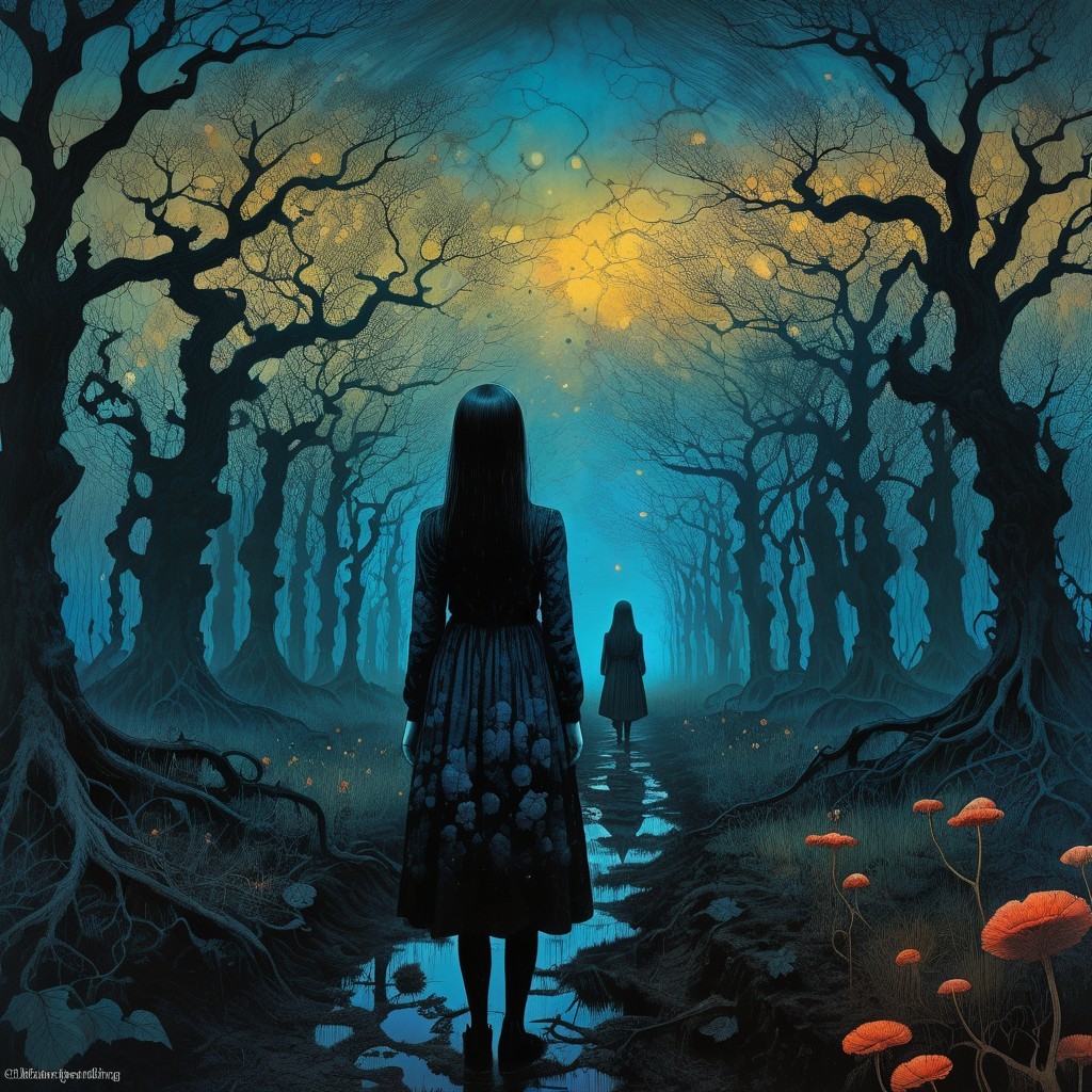 Misty Forest with Dark Figures and Luminous Foliage