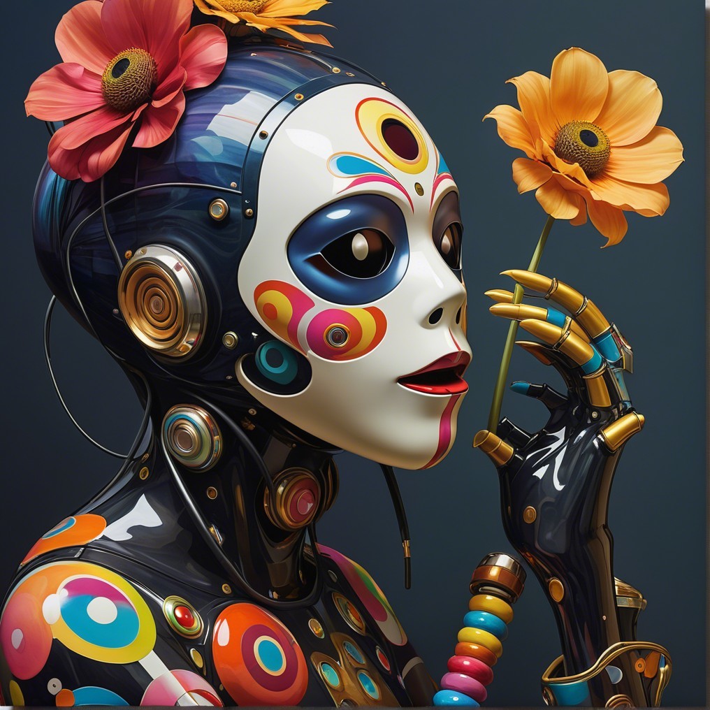 Futuristic Robot with Colorful Patterns and Flower
