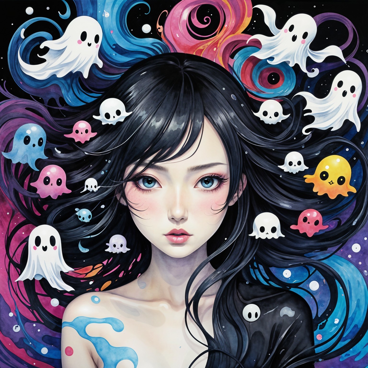 Portrait of a girl with flowing black hair and ghosts