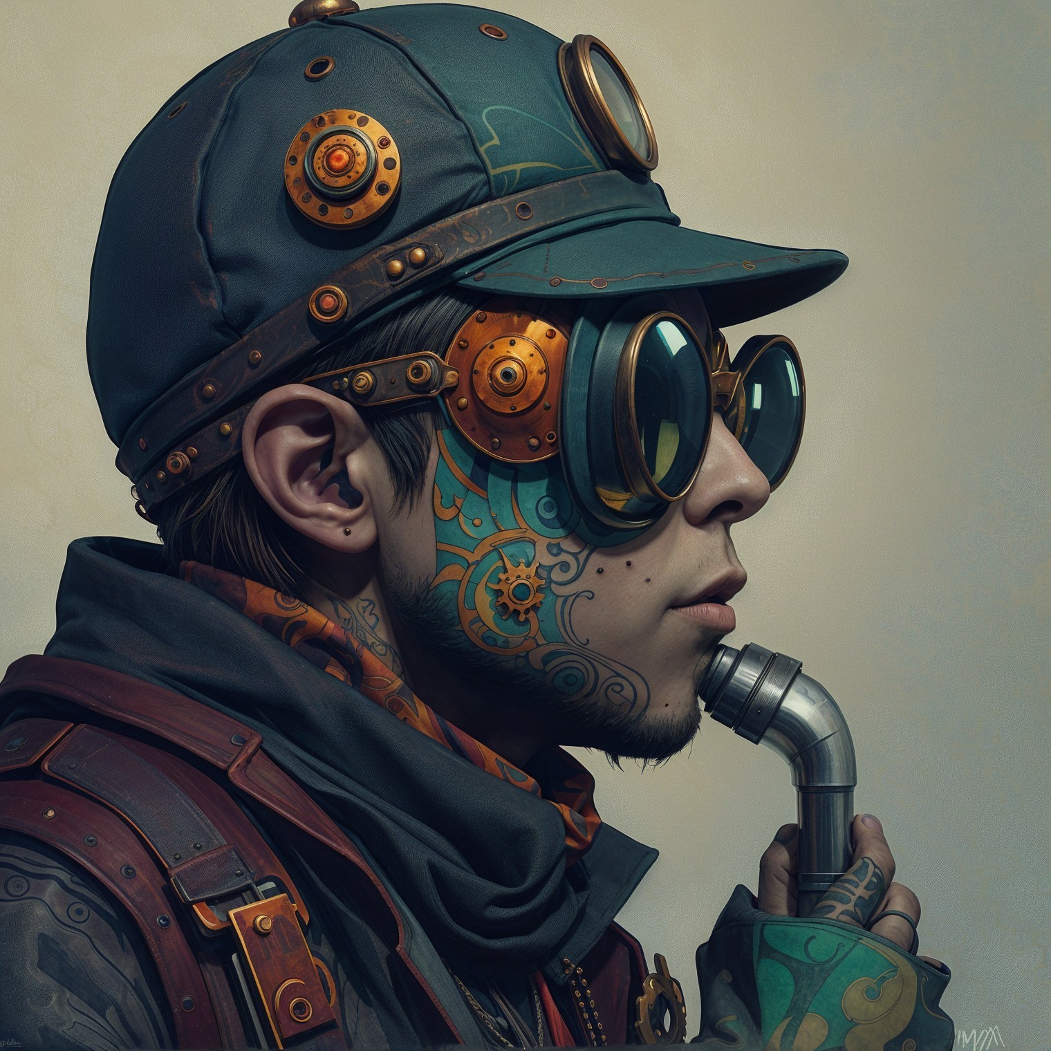 Steampunk Character with Tattoos and Gears Details
