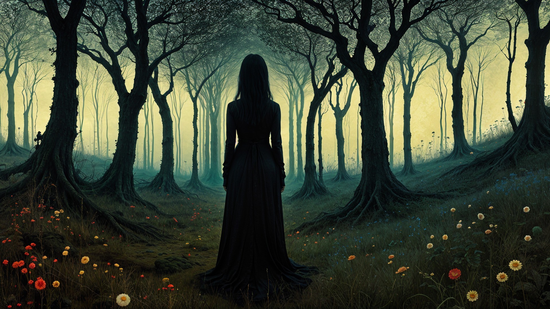 Mystical Twilight Forest Scene with Dark Gown Figure