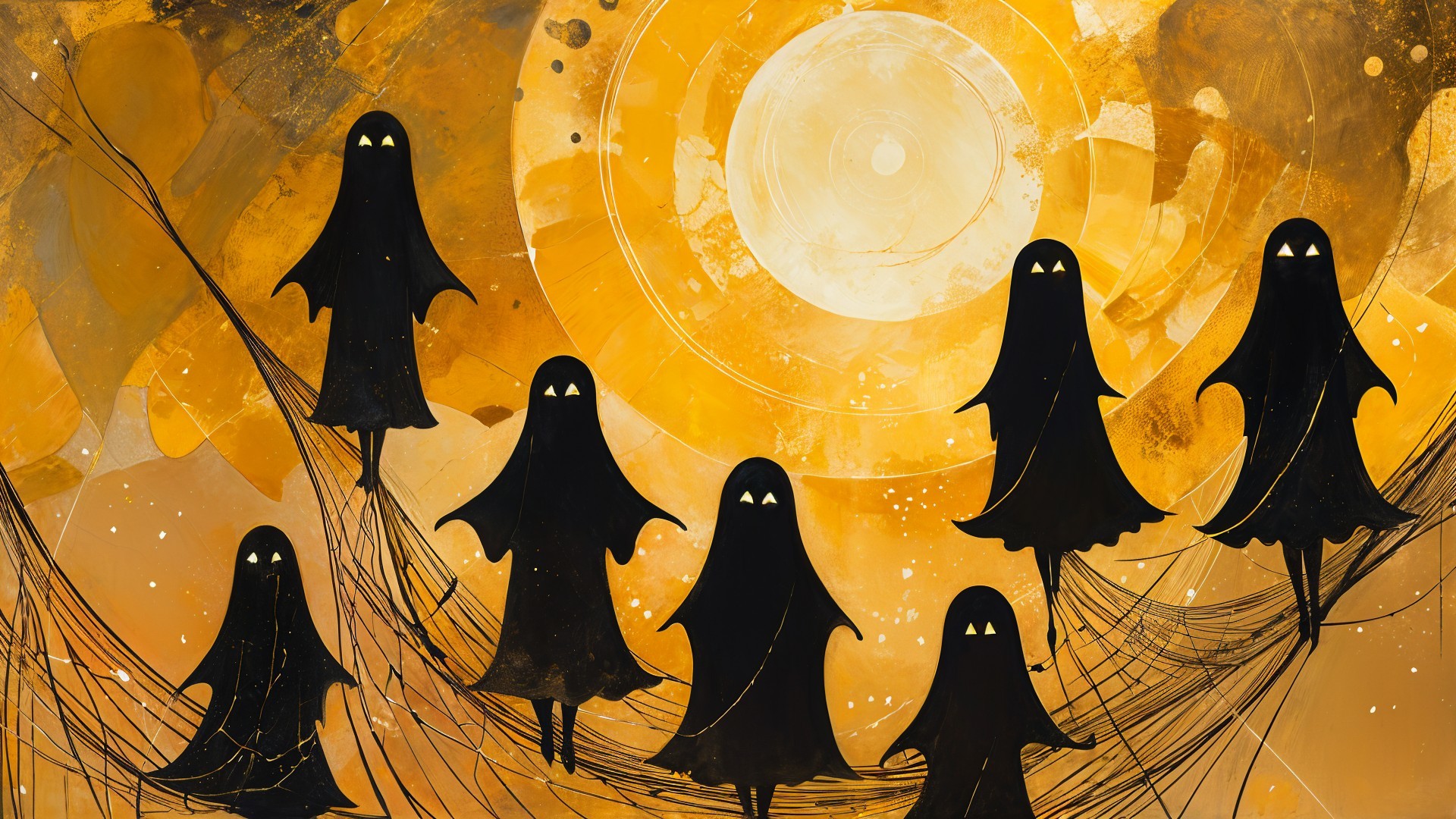Whimsical Black Figures on Golden Background with Moon