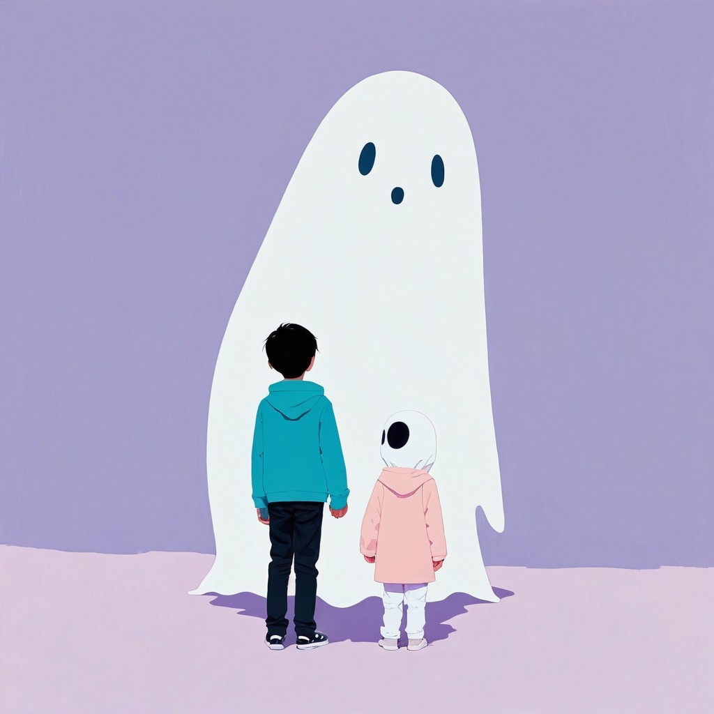 Whimsical Scene of Children with Friendly Cartoon Ghost