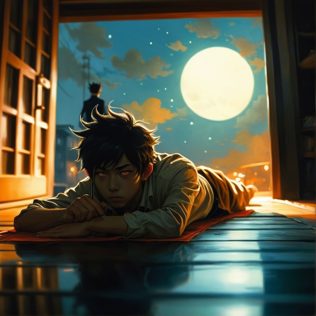 Young Person Contemplating by an Open Door at Night