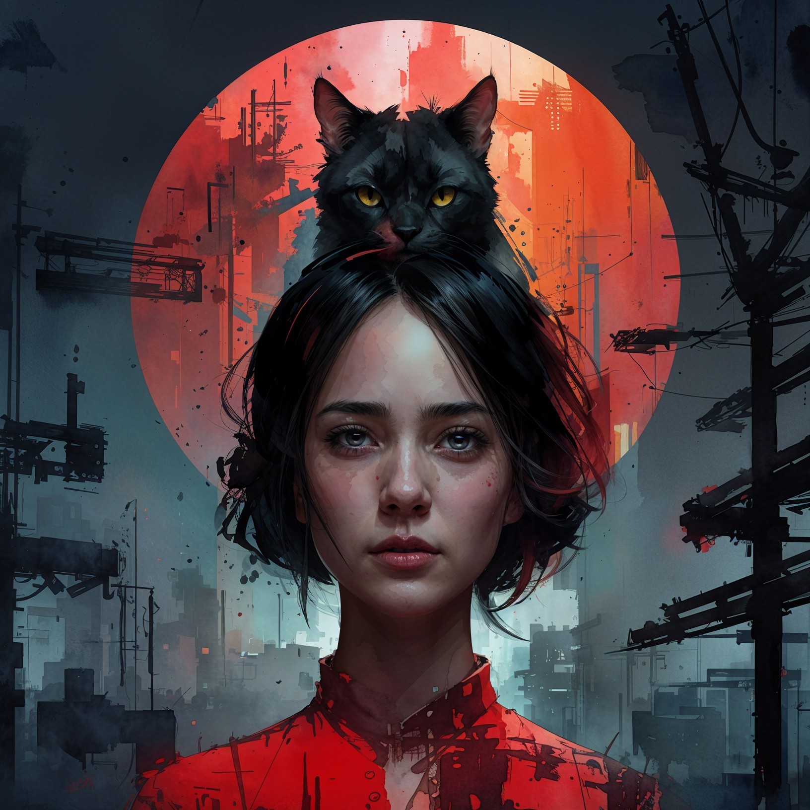 Woman in Red Garment Against Fiery Red Moon