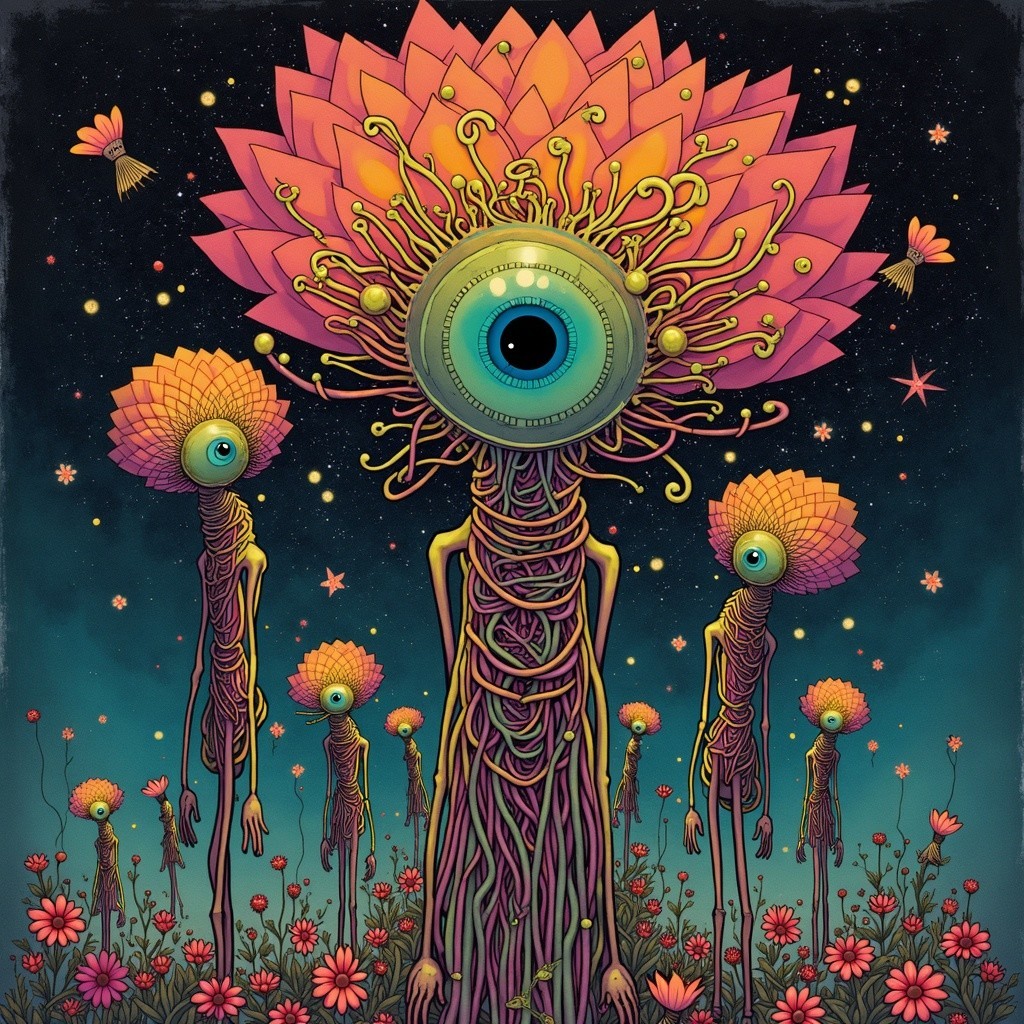 Surreal Scene of Elongated Figures with Floral Headdresses