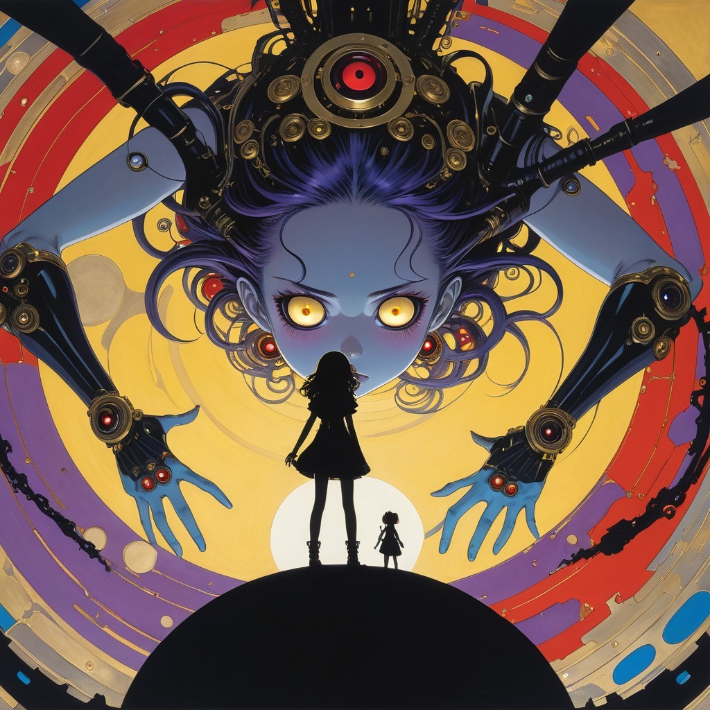 Mechanical Giant Overlooks Silhouetted Girl in Colorful Scene